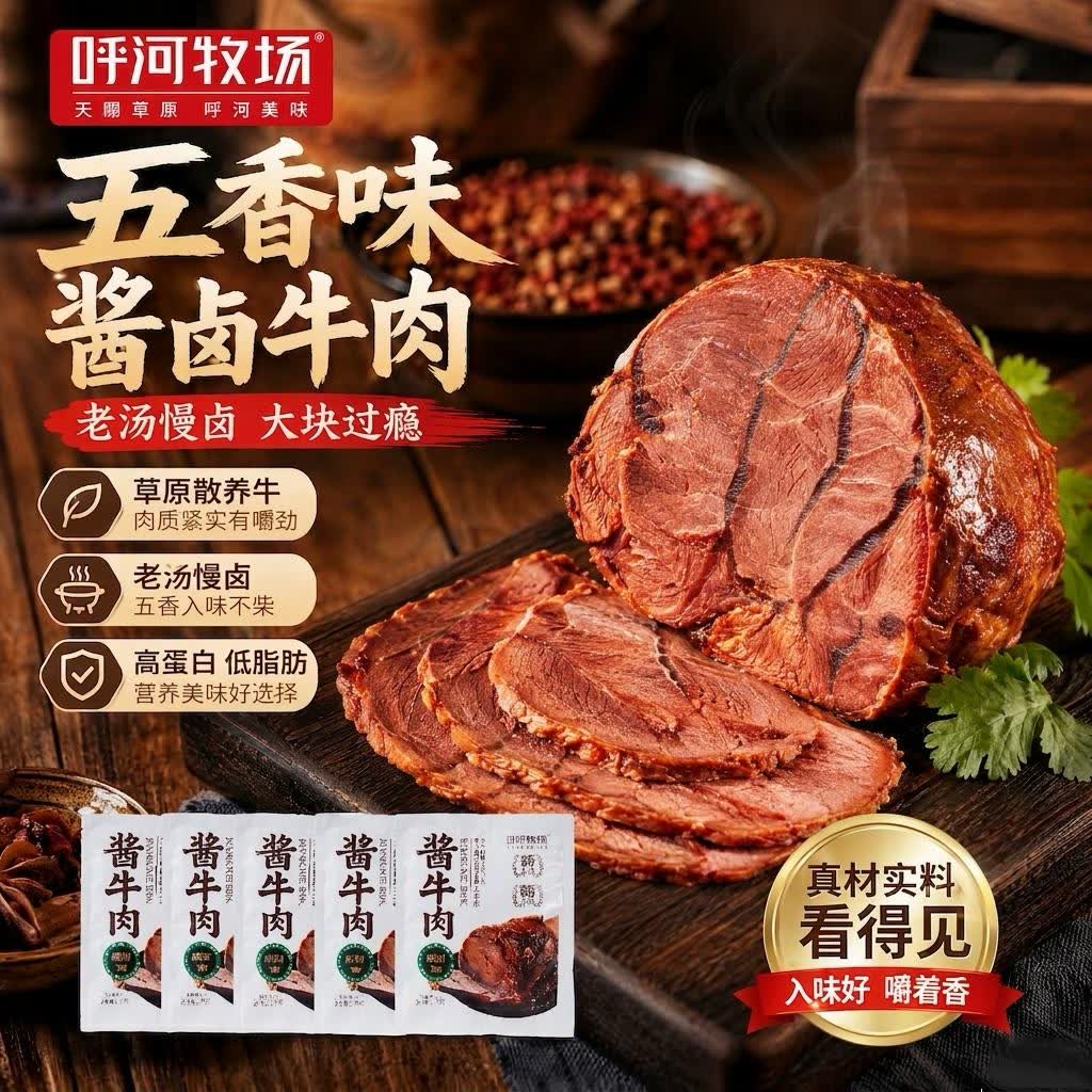 呼河牧场酱牛肉150g*5袋开袋即食卤牛肉减脂代餐内蒙特产礼品熟食下酒菜