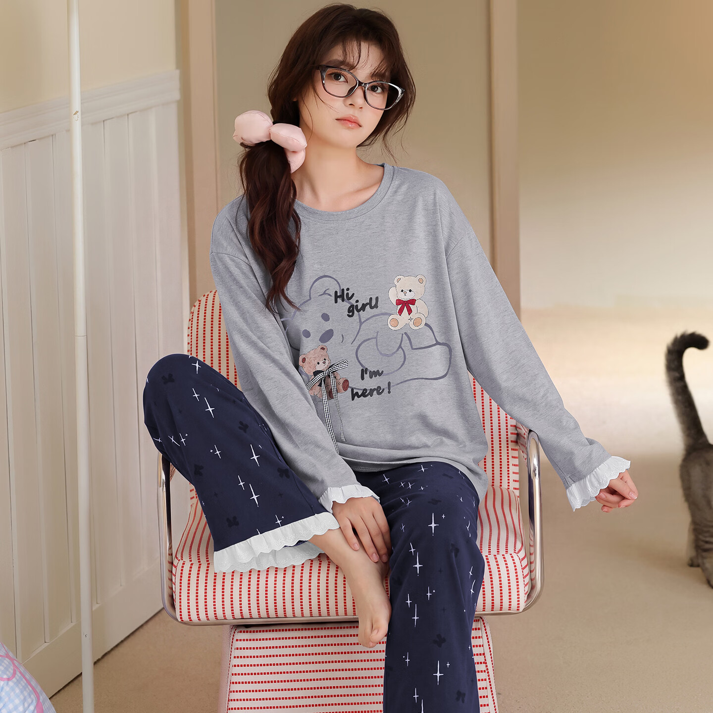 带胸垫纯棉女士睡衣春秋季长袖卡通甜美全棉家居服可外穿 67726 2XL