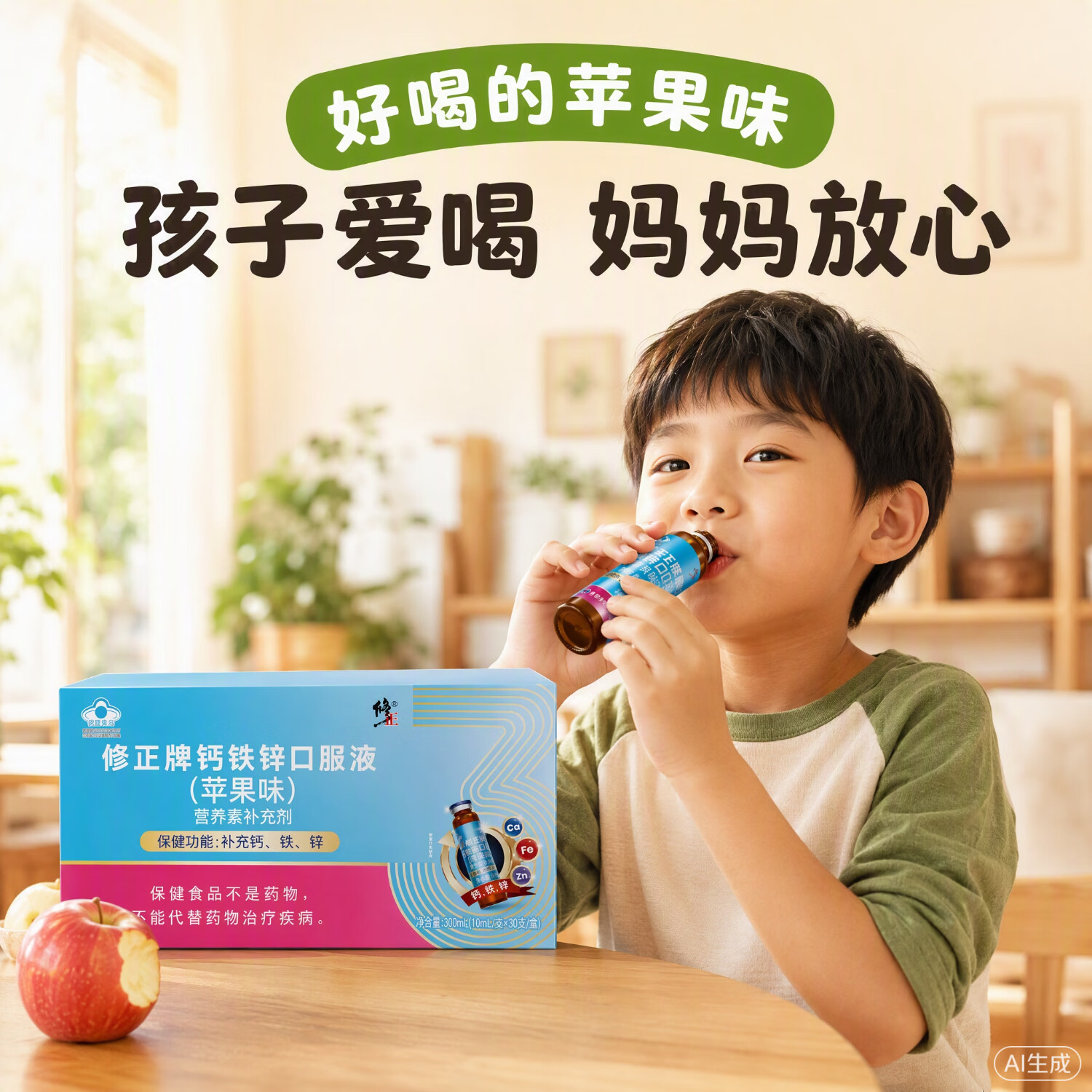 修正钙铁锌口服液(苹果味) 30支/盒 儿童青少年补充钙、铁、锌 补充钙铁锌【2盒装】 10ml*30瓶 共60支 修正大品牌