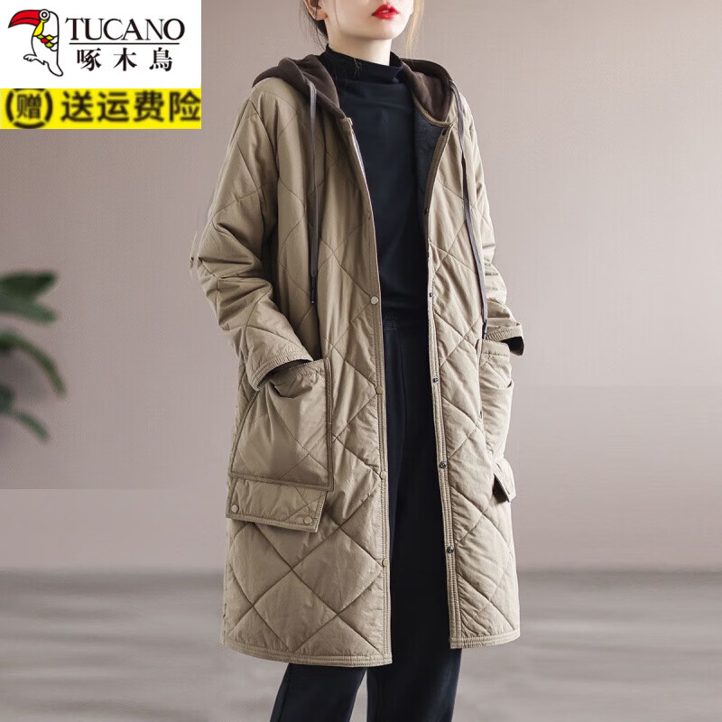 啄木鸟(TUCANO)尾单菱形格棉衣外套宽松大码休闲中长款棉服女 卡其色 L 115-125斤