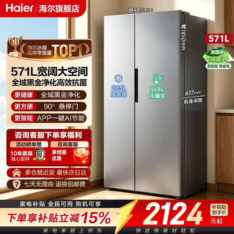 海尔（Haier）冰箱571升【2026年新品 新国标一级】超大容量黑金净化家用双变频双开门对开门双门电冰箱 571升超大容量 新国标一级能效丨黑金净化除菌