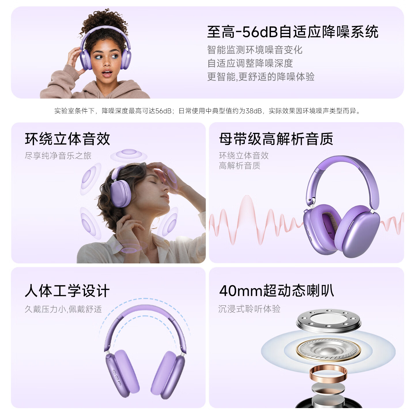 飞尼森Y01 PRO【S级独立降噪丨双金标音质】头戴式耳机降噪耳机无线蓝牙V6.0超长续航游戏低延迟久戴舒适 星空紫