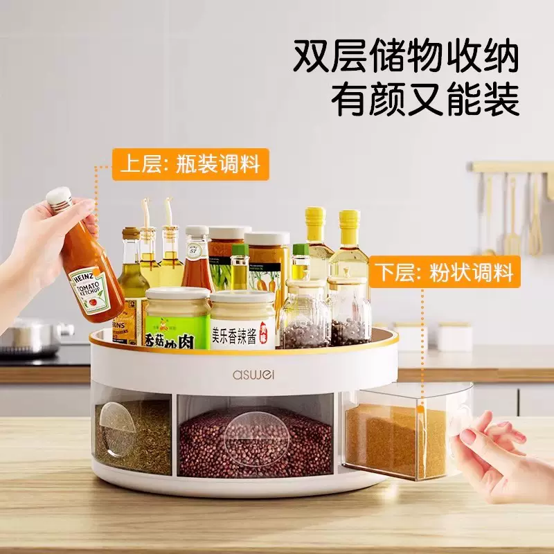 溥畔厨房收纳置物架收纳盒旋转调料架多功能神器整理箱调味料调味品瓶 调味瓶收纳盘(双层可旋转)