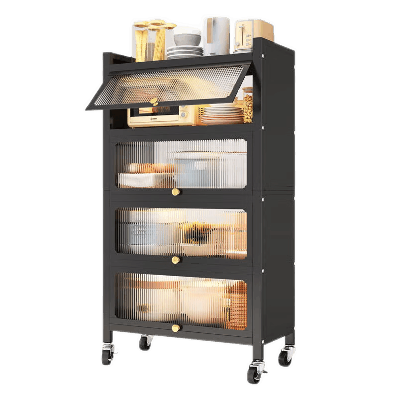 厨房落地多层带柜门家用储物柜多功能微波炉锅烤箱橱柜收纳架子 5层70cm黑色翻盖柜门移动滑轮
