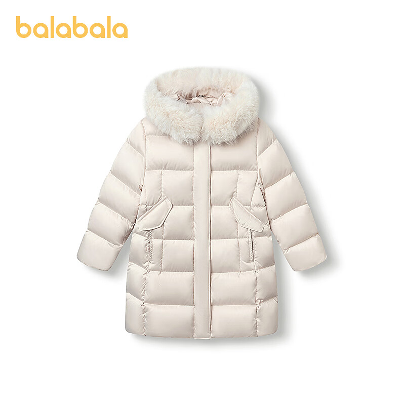 巴拉巴拉（BALABALA）童装儿童羽绒服女童秋冬中大童长款连帽外套百搭舒适保暖 黄色调00433-白鸭绒 140 （充绒量144g）