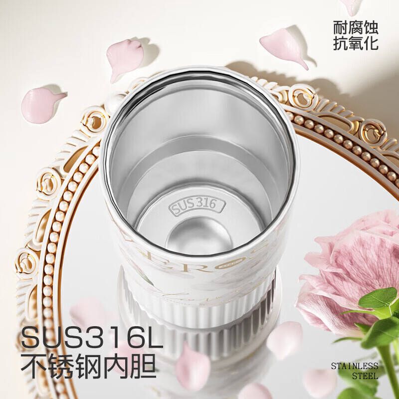 【3天预售】316不锈钢保温杯女提手双饮杯大容量花朵随行咖啡水杯 仲夏花影【316不锈钢】/白色 图 6