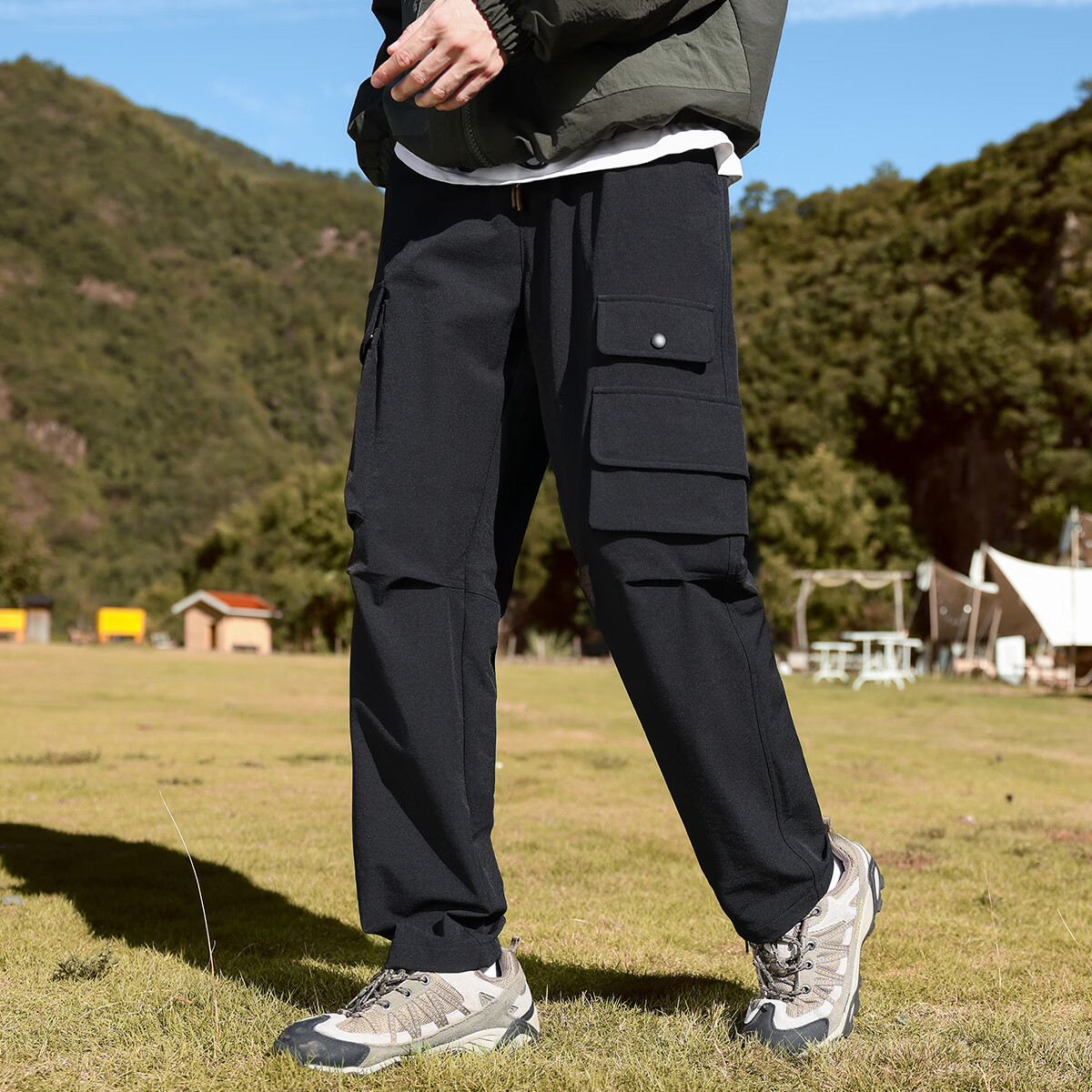 布衣传说复古机能工装裤男士山系伞兵裤秋季直筒宽松运动休闲长裤 黑色 3XL