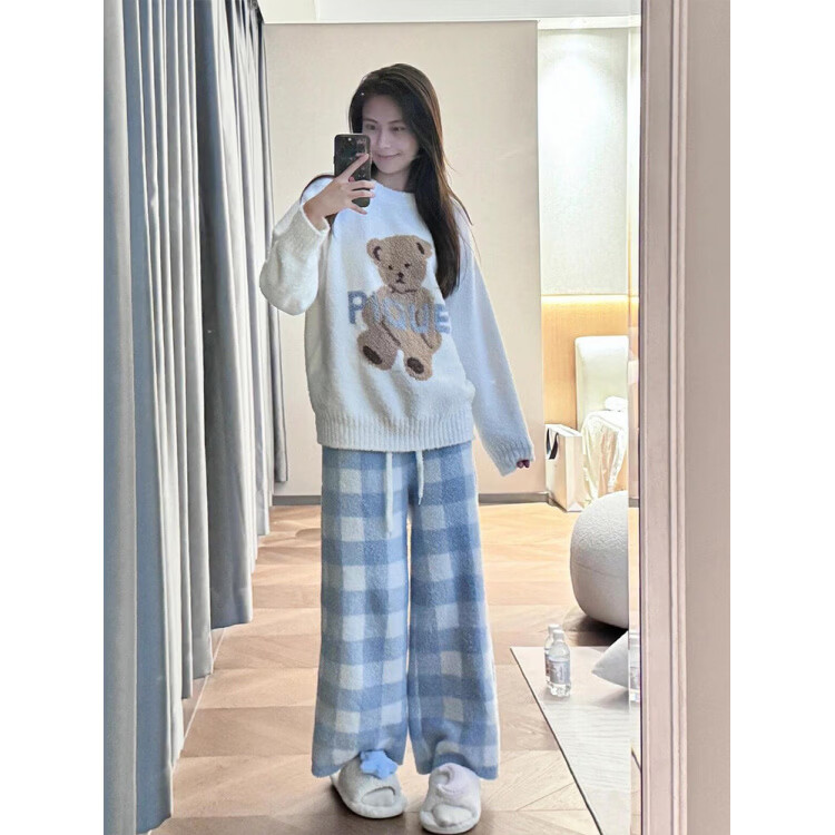 莫代尔2026新款小熊半边绒睡衣女春秋冬季天珊瑚绒加厚保暖法兰绒家居服 可爱小熊【优质版半边绒】 M 女[建议80-100斤]