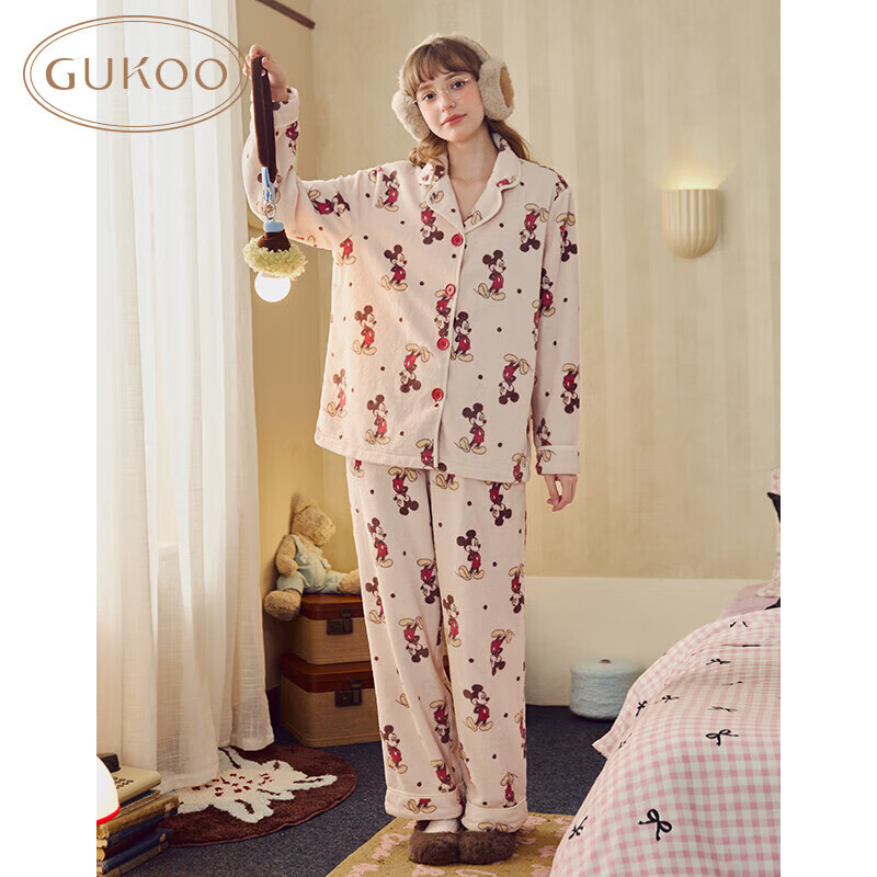 果壳(Gukoo)睡衣女冬季迪士尼米奇毛绒保暖翻领卡通满印女士家居服套装D 小麦色套装 M