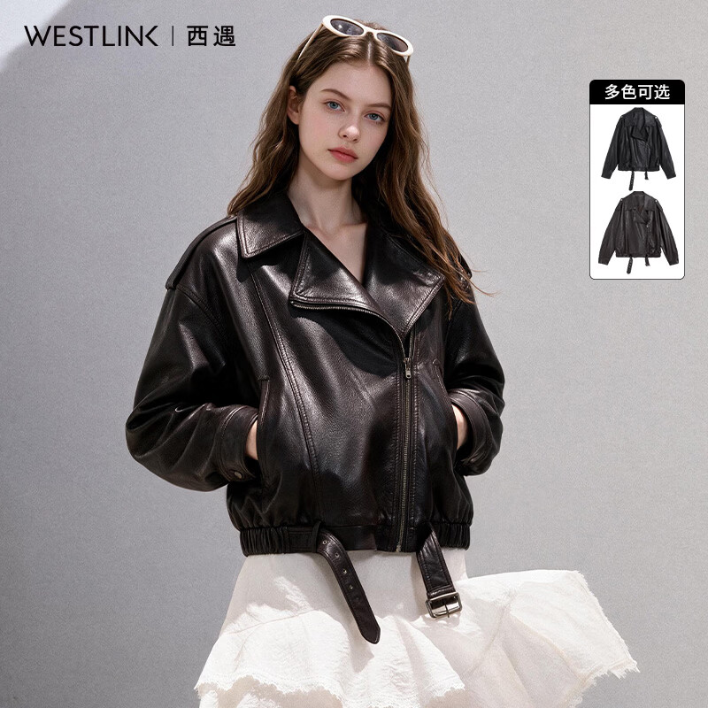 西遇（Westlink）2026秋季复古翻领机车风斜拉链皮衣外套女酷飒百搭夹克外套上衣 咖色 M (160)