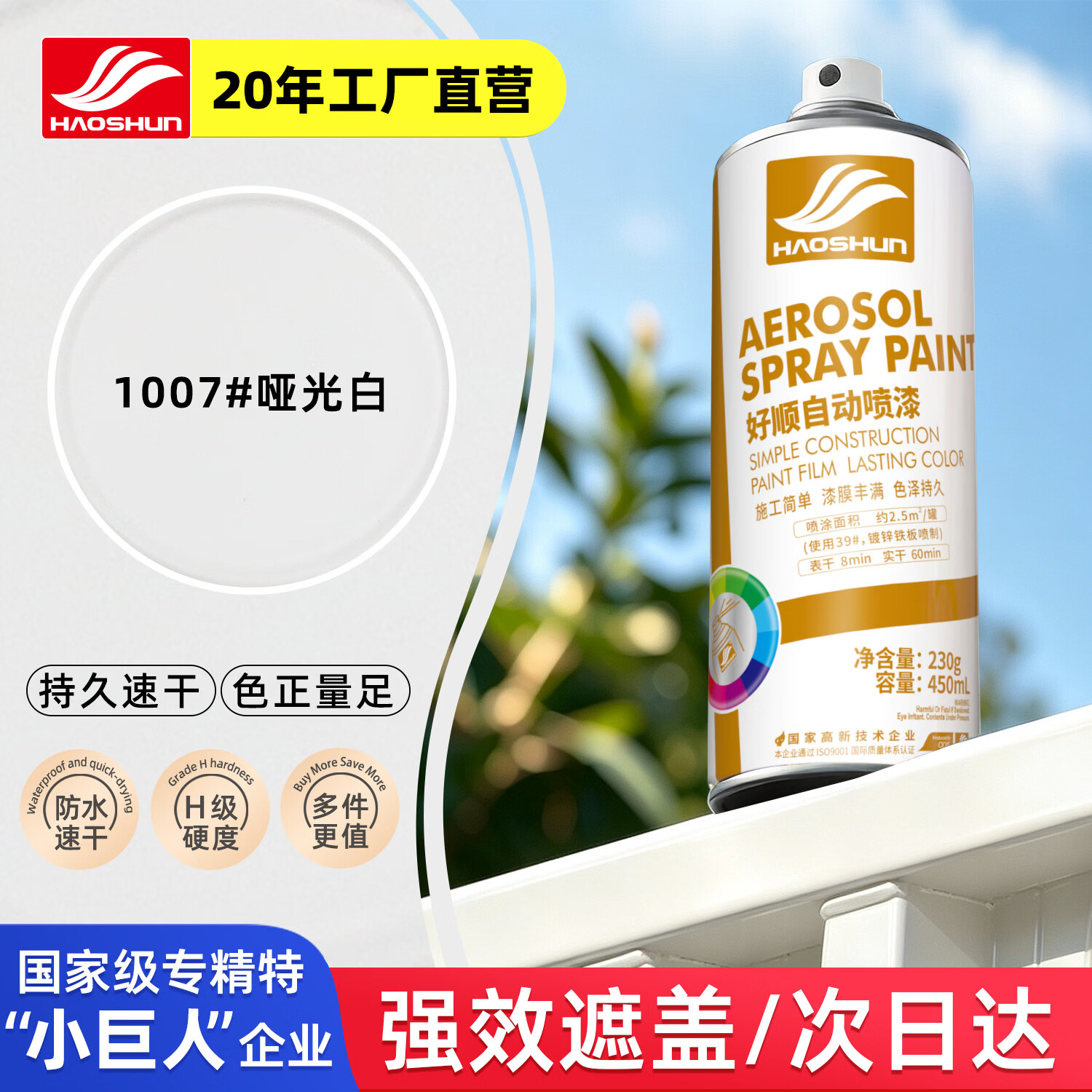 好顺自喷漆1007#哑光白450ml汽车金属防锈油漆家具墙面翻新车轮毂