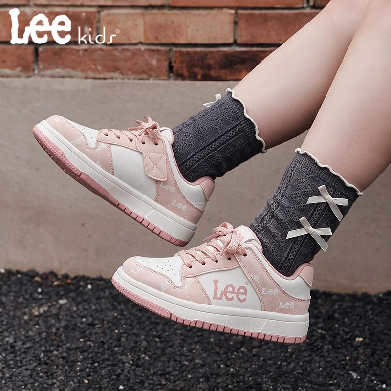 LEE KIDS童鞋秋季新款百搭透气休闲板鞋男大童防滑运动鞋女童 米白粉35