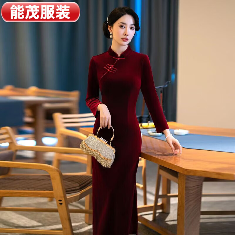 萱眸春秋新款中长旗袍连衣裙长袖女士纯色冬季旗袍女妈妈加厚 黑色 M