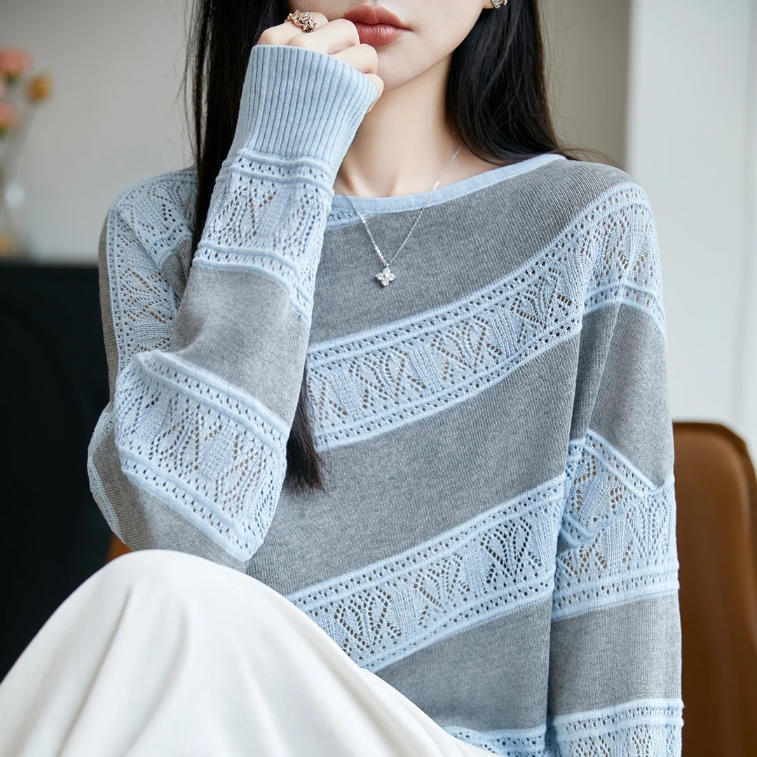 今年早秋超流行的女士毛衣遮肚显瘦条纹上衣内搭可外穿针织打底衫 灰蓝色 M 建议90-120斤
