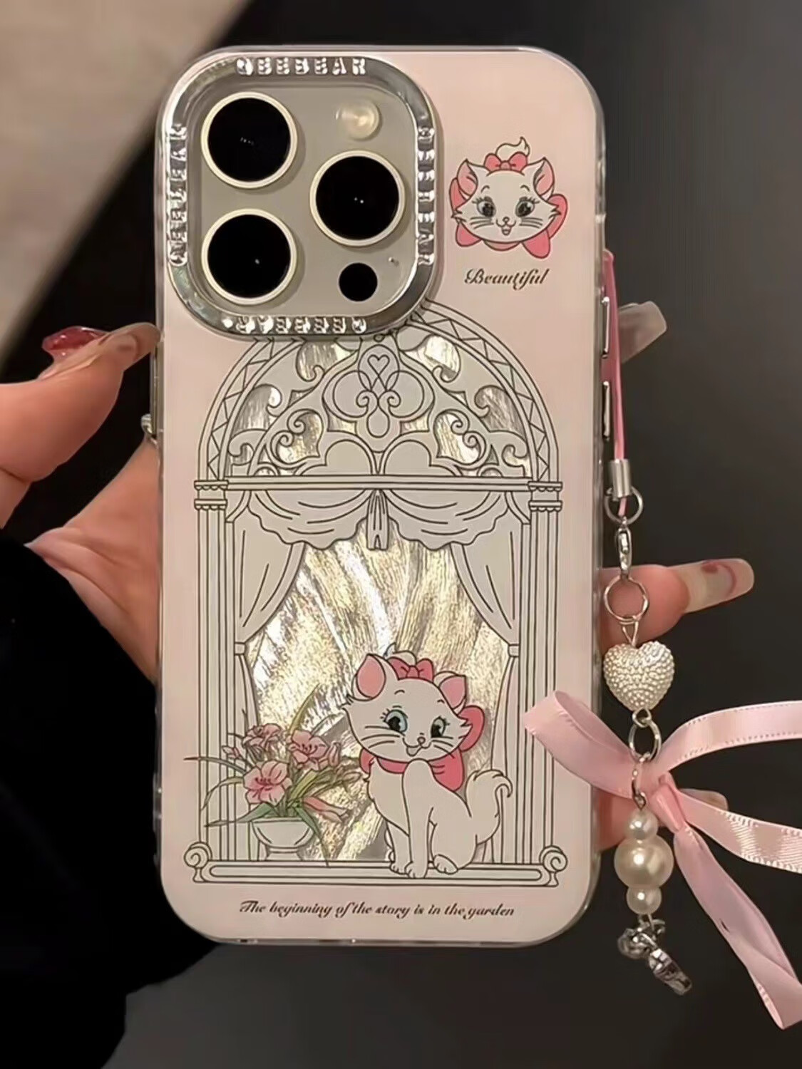 忆毅卡通少女粉羽纱玛丽猫适用iphone15promax苹果14手机壳13新款 银