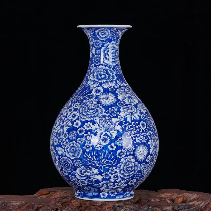 周胜堂 景德镇陶瓷手绘仿古青花瓷万花玉壶春花瓶插花客厅中式装饰