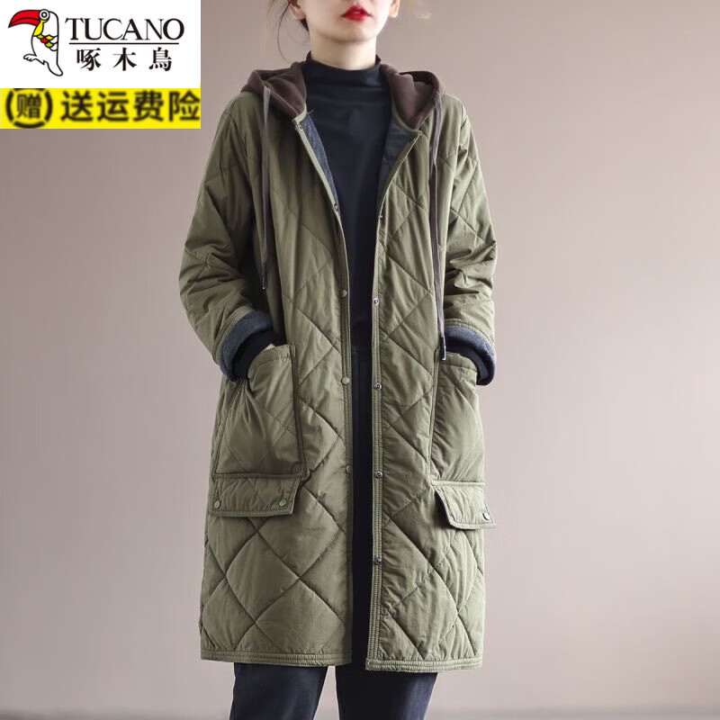 啄木鸟(TUCANO)尾单菱形格棉衣外套宽松大码休闲中长款棉服女 卡其色 L 115-125斤