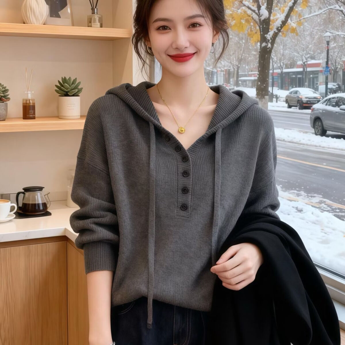 慵懒风连帽针织衫宽松显瘦气质通勤穿搭毛衣上衣女