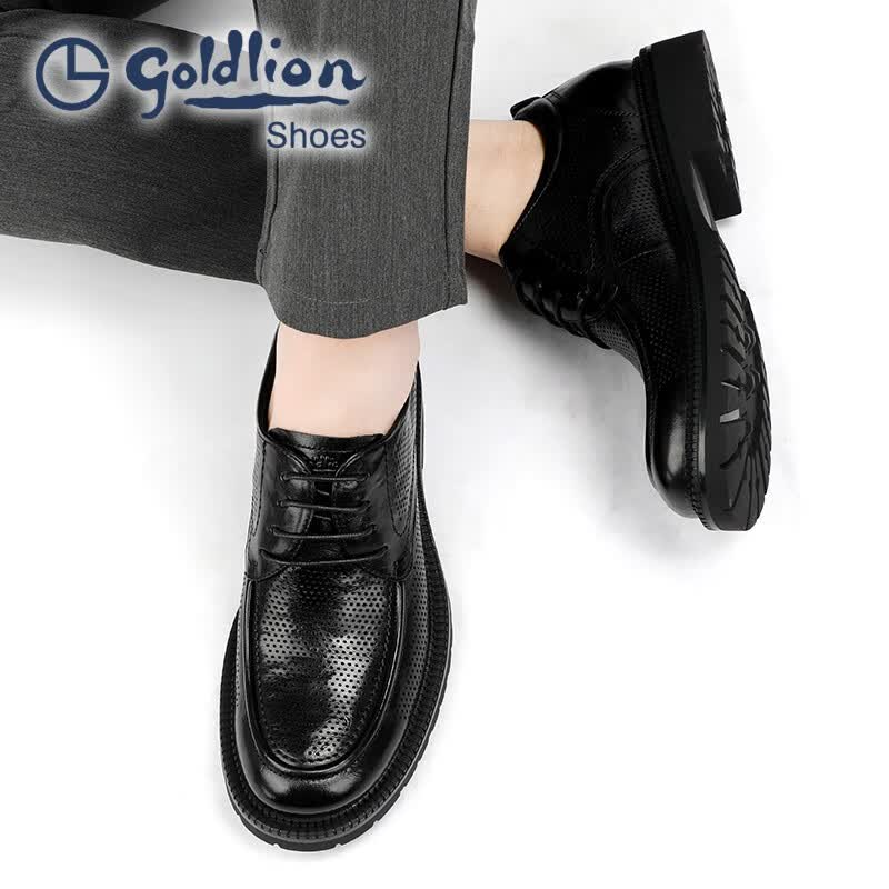 金利来（Goldlion）凉鞋男 夏季冲孔男士商务正装凉皮鞋 增高大头透气镂空皮鞋男 黑色 39 比标准码皮鞋偏大2码