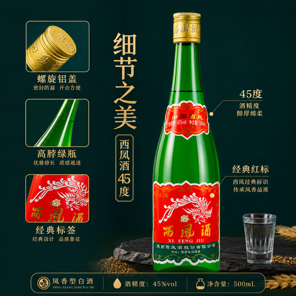 西凤酒绿脖凤香型白酒绿瓶高脖口粮酒45度500ml瓶整箱 45度 500mL 1瓶