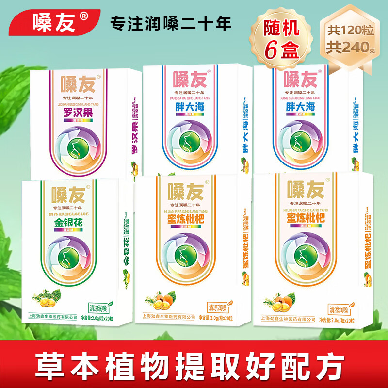 嗓友润喉糖胖大海清凉糖金银花罗汉果蜜炼枇杷清凉糖老式薄荷糖 【随机6盒】40g*1盒【共120粒】【共240克】