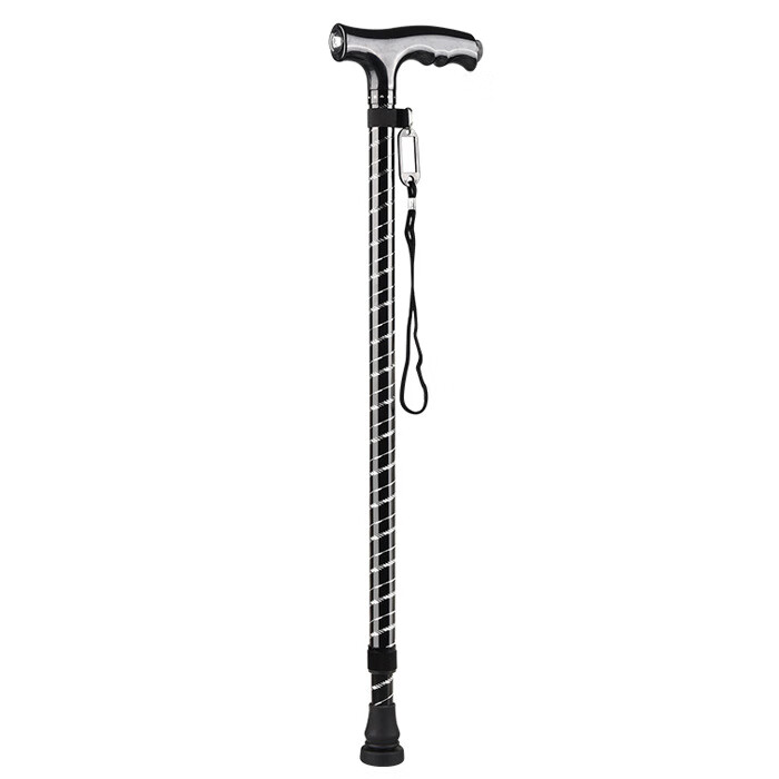 滚花单脚拐杖老人铝合金手杖 led带灯伸缩调节高度 黑色