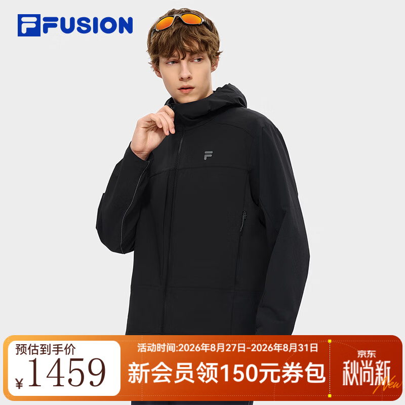 FILA FUSION潮牌外套26秋季新款男士梭织休闲简约百搭连帽上衣 正黑色-BK XL 180/100A/XL