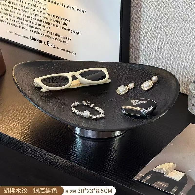 溥畔轻奢风高脚果盘摆件家用新款轻奢高端水果盘客厅上档次摆放盘 轻奢黑色木纹（两个装）