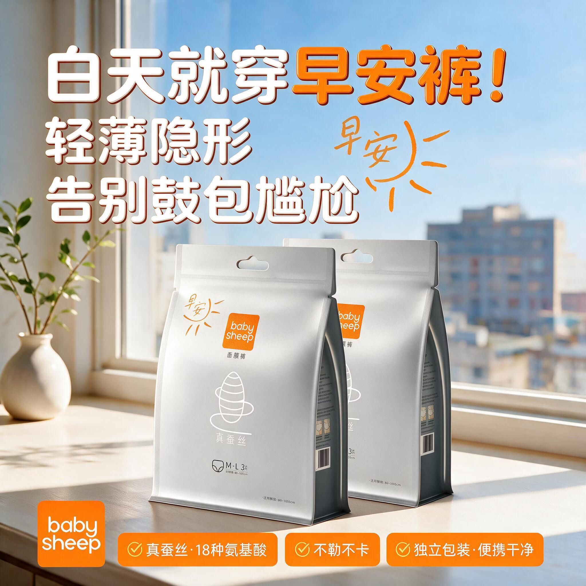 BABY SHEEP早安裤桑蚕丝面膜安睡裤超薄柔软可穿脱卫生巾夏季超薄女经期用 L 6片 80-140斤