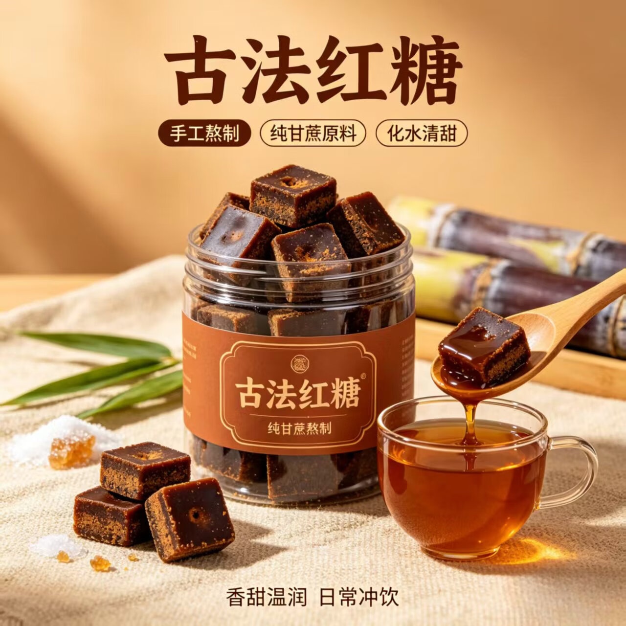 同仁堂手工老红糖茶大姨妈生理期月经经痛红糖水调理纯蔗汁熬制红糖块 古法红糖 250g*4罐 净重