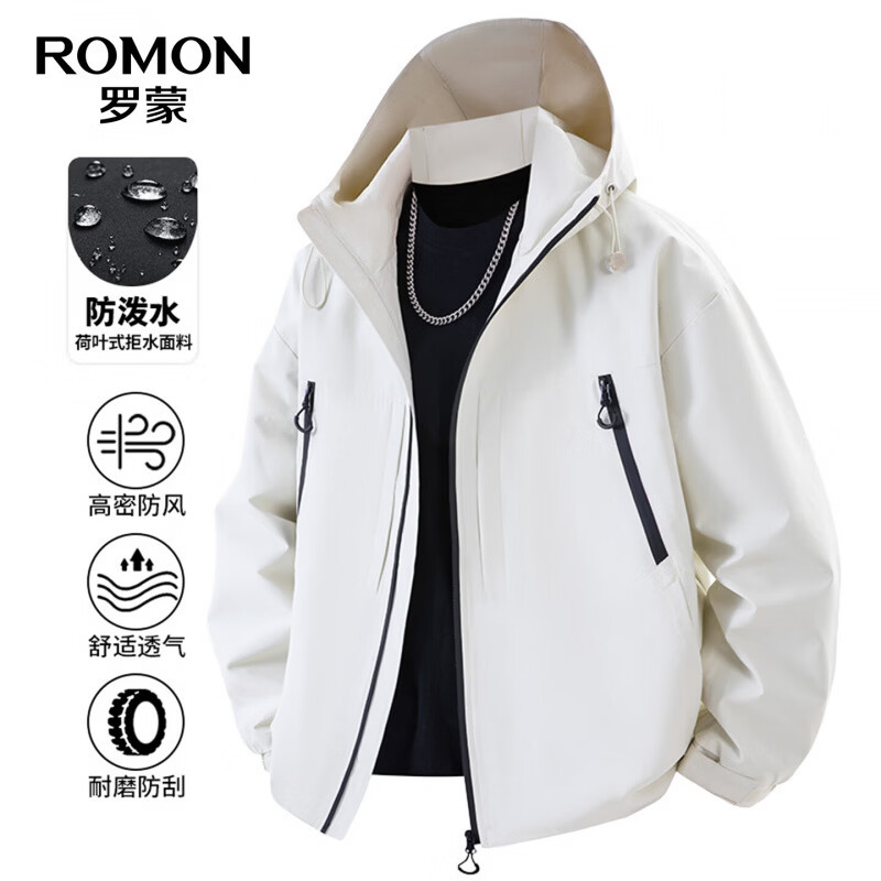 罗蒙(ROMON)防泼水户外休闲连帽夹克男士2026秋季新款中青年时尚百搭外套男 曜石黑 【拉链款】 L (175) (适合125-145斤)