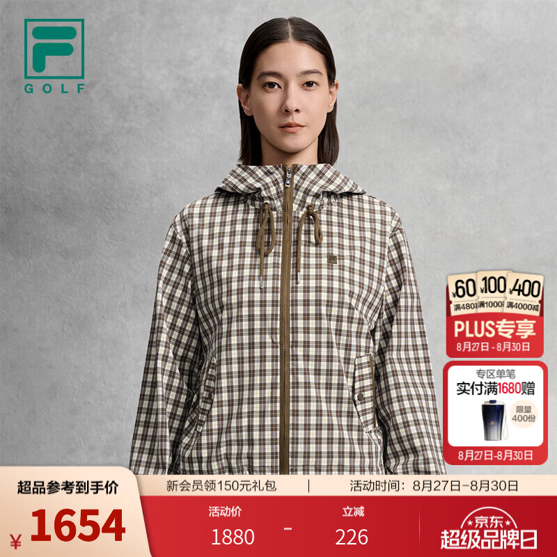 FILA斐乐外套26秋季新款女士梭织高尔夫运动格子连帽上衣 满印一-ZA M 165/84A/M