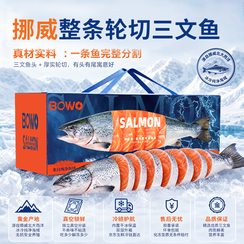BOWO铂沃挪威三文鱼礼盒整鱼轮切8斤中秋礼盒装送礼节庆源头直发中秋
