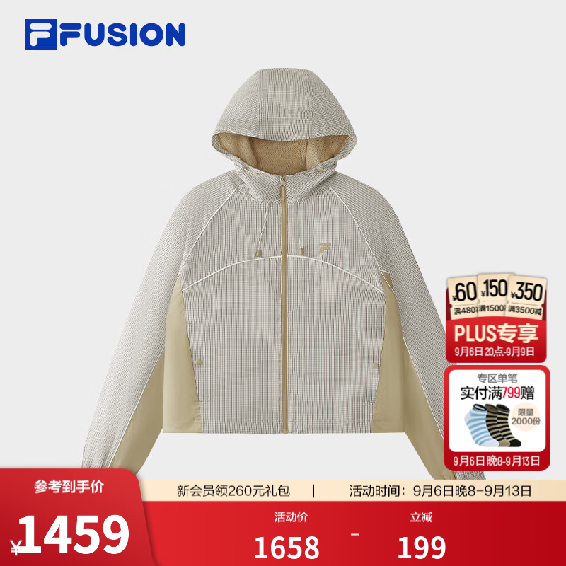 FILA FUSION潮牌外套26秋季新款女士梭织休闲宽松格子连帽上衣 石灰华色-DK L 170/88A/L