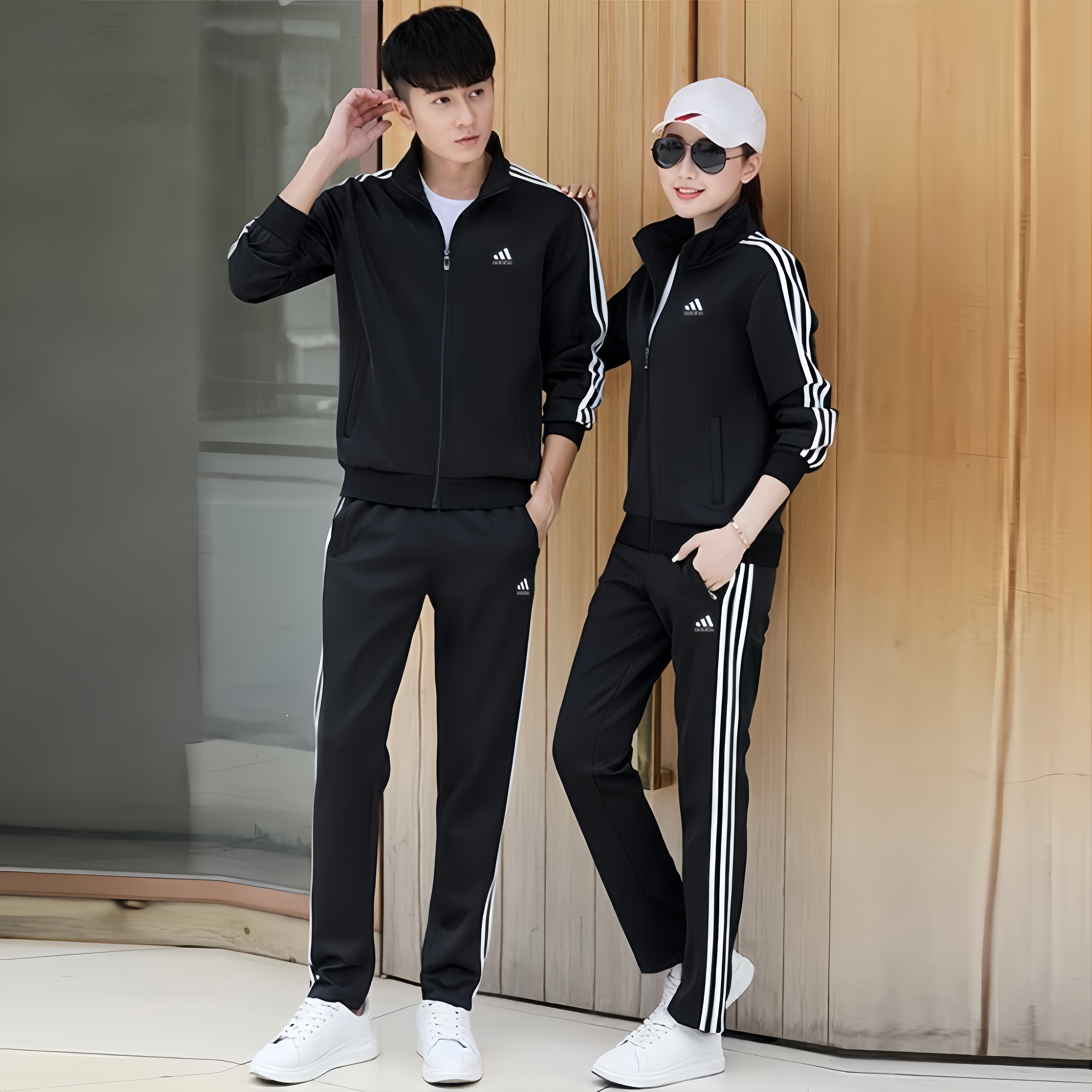 阿迪运动套装三条杠休闲男春秋季薄款加绒纯棉跑步服情侣款团体服 黑色束脚两件套(春秋款) 均码 7XL 建议220-240斤