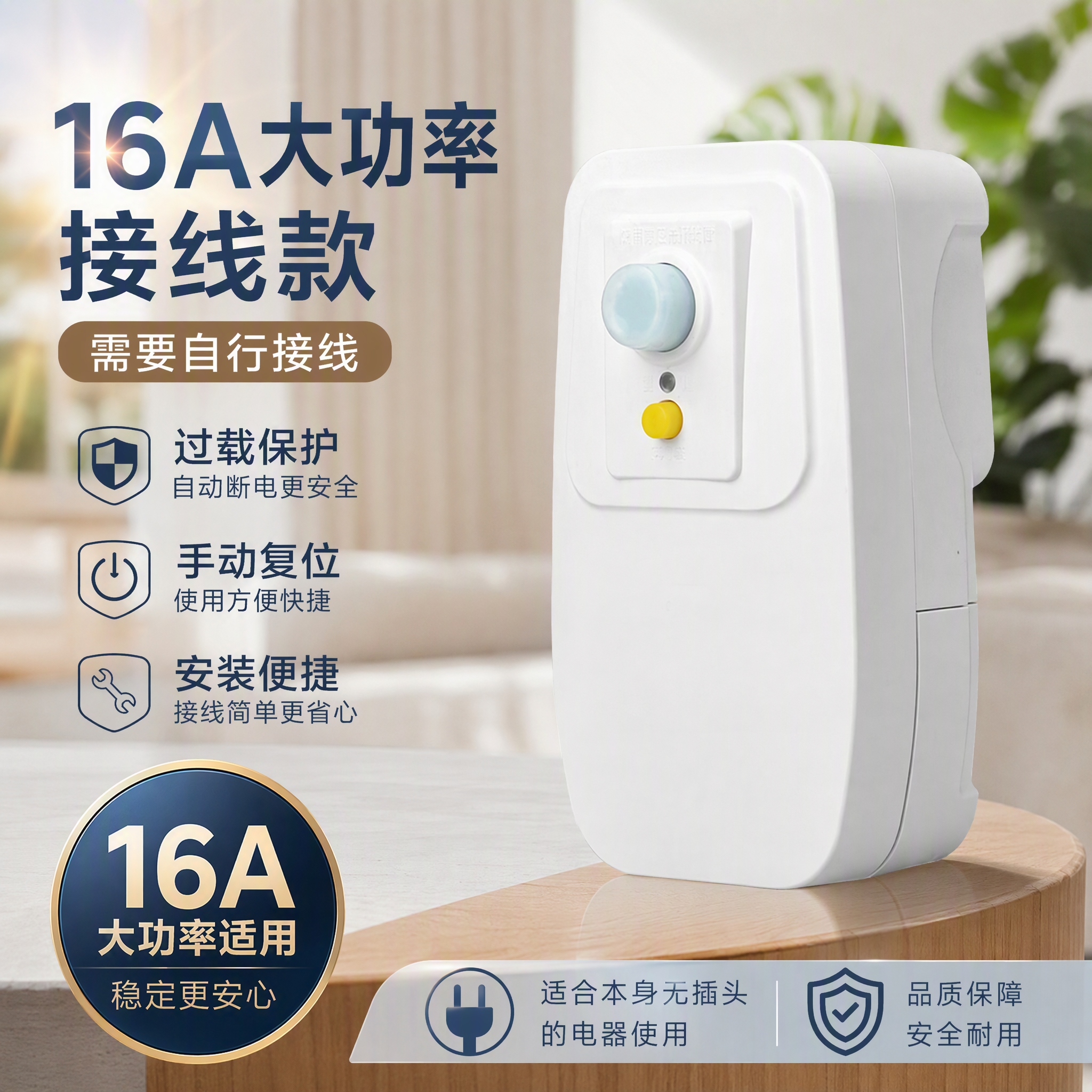 国际电工家用漏电保护器家用空调热水器10A/16A大功率自动断电保护防触电 漏保插头16A接线款