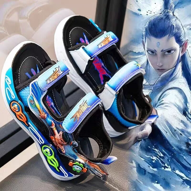 森用哪吒魔童童鞋男童凉鞋2026夏季软底防滑中大童儿童沙滩凉鞋潮 蓝色(轻便透气) 26 内长16.5cm