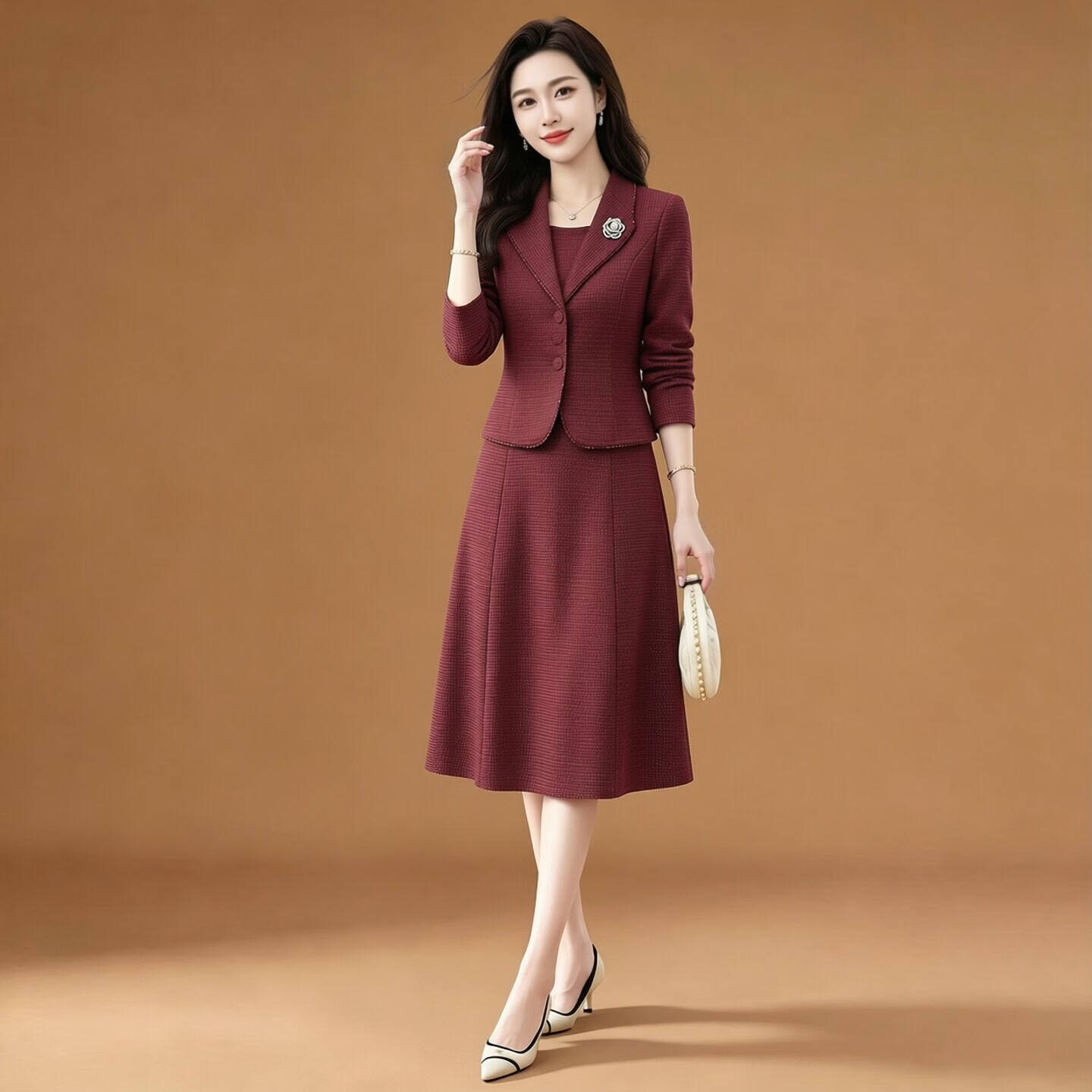 香影芬2026春秋季新款婚宴礼服妈妈装中年女士连衣裙时尚假两件长袖洋气 紫色 2XL (建议115-125斤)