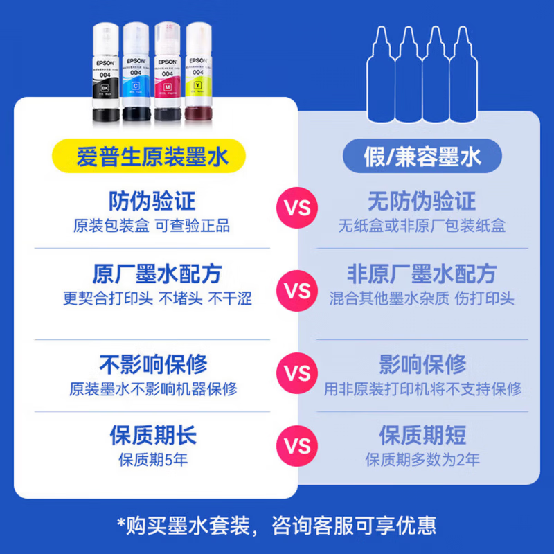 爱普生（EPSON）004原装墨水适用L3256 L3258 L3218 L1258 L3219 L3556打印机 004【四色套装】4瓶