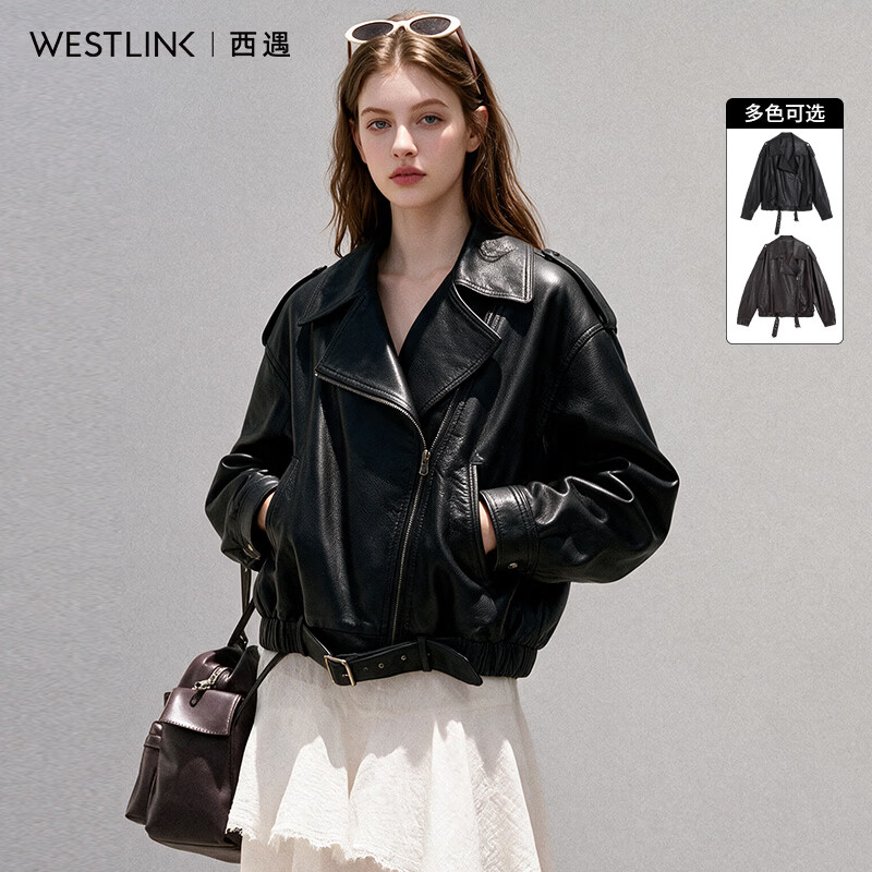 西遇（Westlink）2026秋季复古翻领机车风斜拉链皮衣外套女酷飒百搭夹克外套上衣 黑色 S (155)