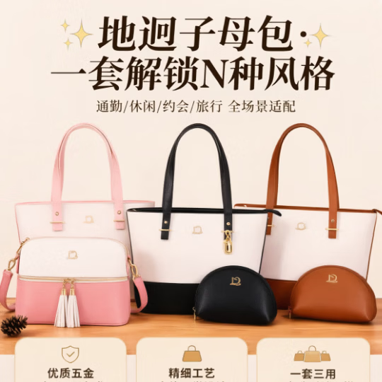 地迥品牌正品新款女包包套装大容量托特包高级感通勤单肩斜挎包 米白+暗夜黑