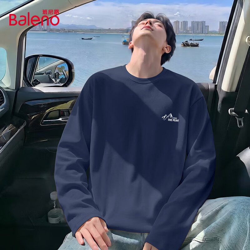 班尼路（Baleno）春秋季新款重磅纯棉长袖T恤衫男柔软舒适宽松圆领显瘦百搭打底衫 【纯棉】-藏青#JPB攀登高峰 XL