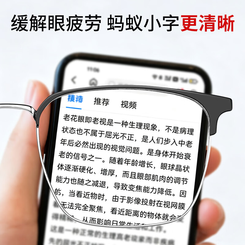 蔡司(ZEISS)远中近三用老花镜高清防蓝光智能变焦商务中老年定制看书不累花镜 黑金-进口钛材【看近专用】高清防蓝光 小字看得清 防蓝光老花+400度建议74岁以上
