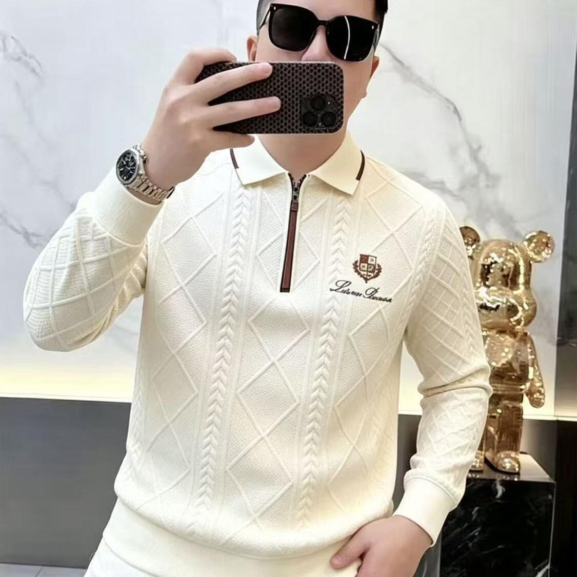 秋季男士半拉链翻领卫衣欧货菱格提花针织Polo衫轻奢刺绣长袖上衣 杏色半拉链卫衣 XL 建议120-140斤