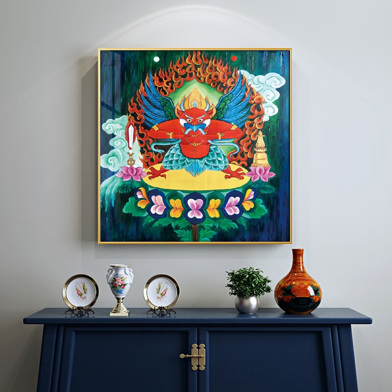 绝伦帝大鹏金翅鸟挂画藏传唐卡装饰画客厅玄关过道佛堂办公室招财寓意