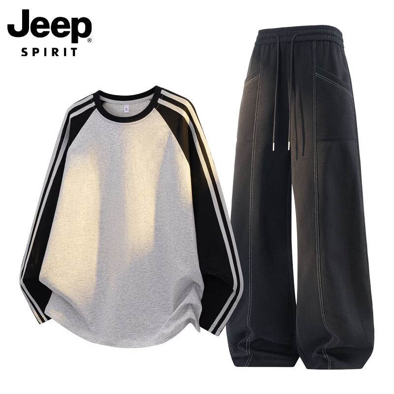 JEEP SPIRIT吉普运动套装男圆领长袖T恤衫男秋季潮流百搭卫衣休闲裤两件套 花白灰上衣+黑色裤子 L 京东折扣/优惠券