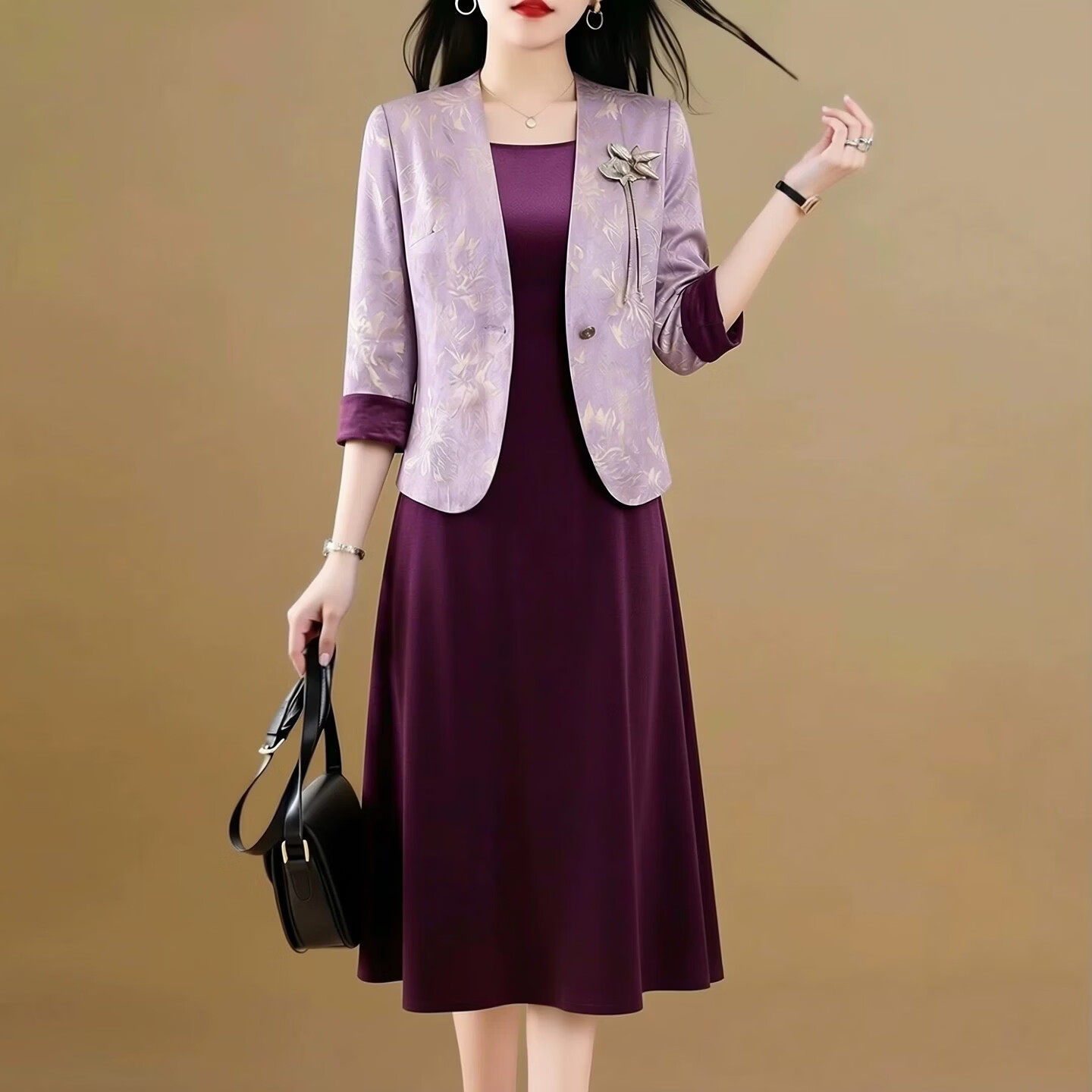 香影芬喜婆婆婚宴礼服2026新款夏秋季爆款妈妈高端轻奢气质高级感套装裙 紫色 3XL (建议131-140斤)