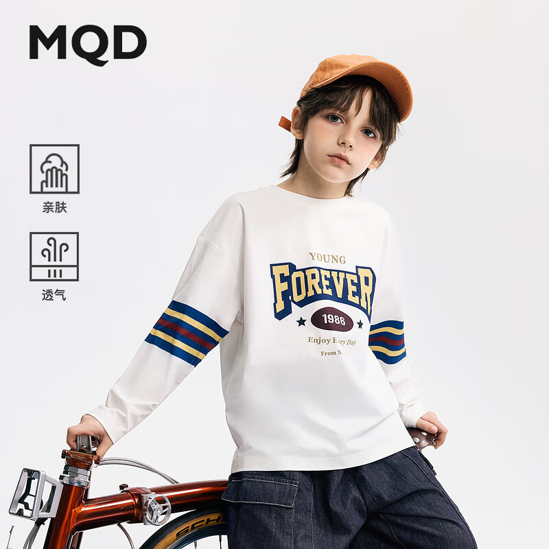 马骑顿（MQD）MQD男大童秋季学院风字母运动休闲长袖T恤 本白 120