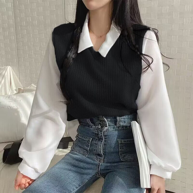 BURQAMARCH春秋季新款假两件设计感长袖上衣女士宽松百搭polo衫时尚休闲T恤 黑色 (假两件设计) M (建议97-108斤)