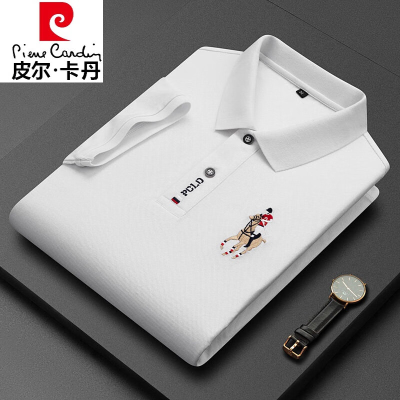 皮爾卡丹雙絲光棉短袖T恤男polo保羅衫夏季冰感高端男士刺繡翻領中年爸爸 白色 M